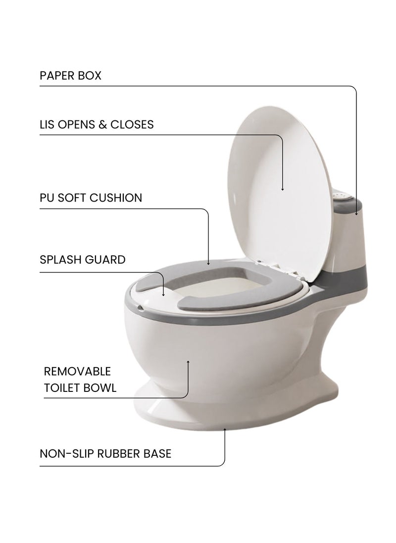 Moms Magic Baby Toilet PU with Seat Cushion – Artificial Potty with Flush Option, Tissue Holder, PVC/PU Cushions for Comfortable Potty Training – Grey  - Image 3