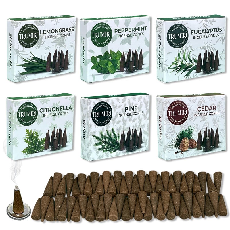 Trumiri Leafy Incense Cones  Variety Pack  Total 60 Cone Incense 6 Scents x 10 Conos  Citronella Lemongrass Eucalyptus Peppermint Cedar Pine  Cone Incense Scents  Insense Cones  Incent Cone