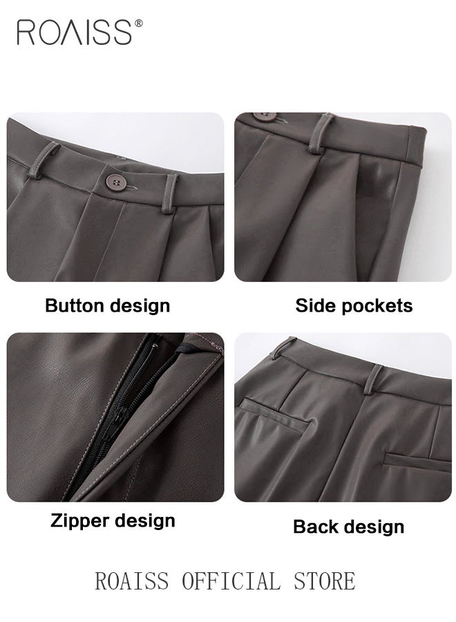 roaiss Women Slim Fit Leather Pants Relaxed Fit Straight Leg Trousers Ladies PU Suit Leather Pants Fashionable and Versatile for Casual Wear Flattering for All Leg Types Creates a Slim and Straight Leg Look  - Image 5
