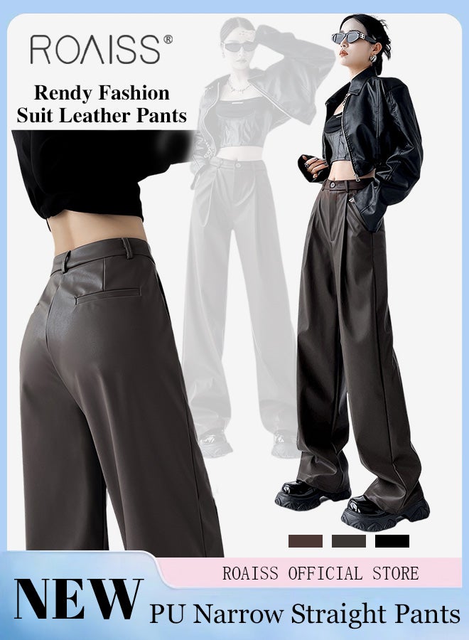roaiss Women Slim Fit Leather Pants Relaxed Fit Straight Leg Trousers Ladies PU Suit Leather Pants Fashionable and Versatile for Casual Wear Flattering for All Leg Types Creates a Slim and Straight Leg Look  - Image 3