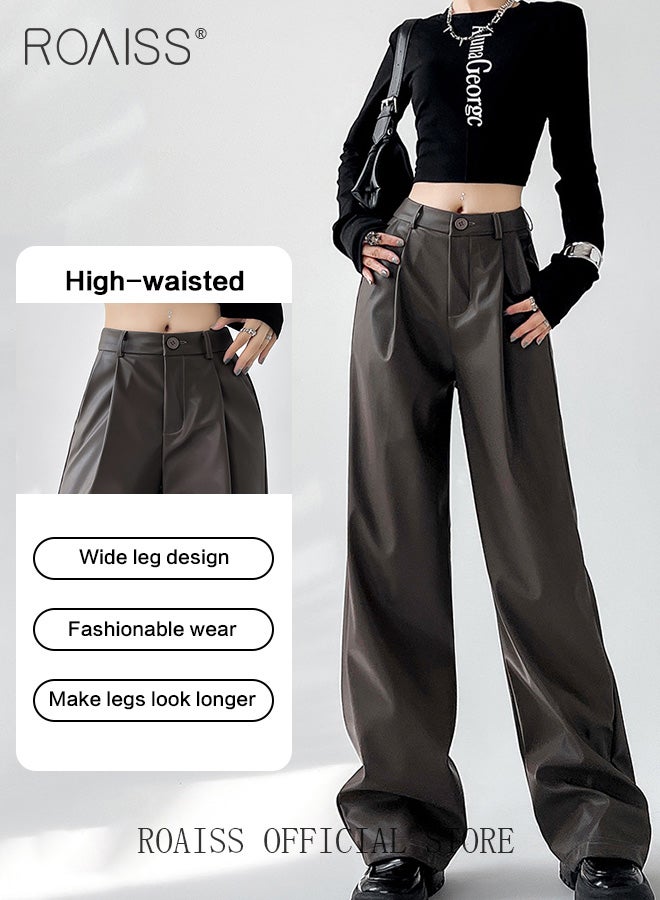 roaiss Women Slim Fit Leather Pants Relaxed Fit Straight Leg Trousers Ladies PU Suit Leather Pants Fashionable and Versatile for Casual Wear Flattering for All Leg Types Creates a Slim and Straight Leg Look  - Image 4