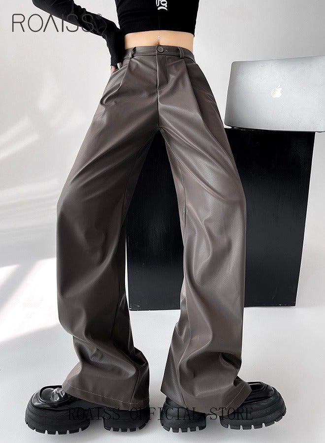 roaiss Women Slim Fit Leather Pants Relaxed Fit Straight Leg Trousers Ladies PU Suit Leather Pants Fashionable and Versatile for Casual Wear Flattering for All Leg Types Creates a Slim and Straight Leg Look  - Image 1