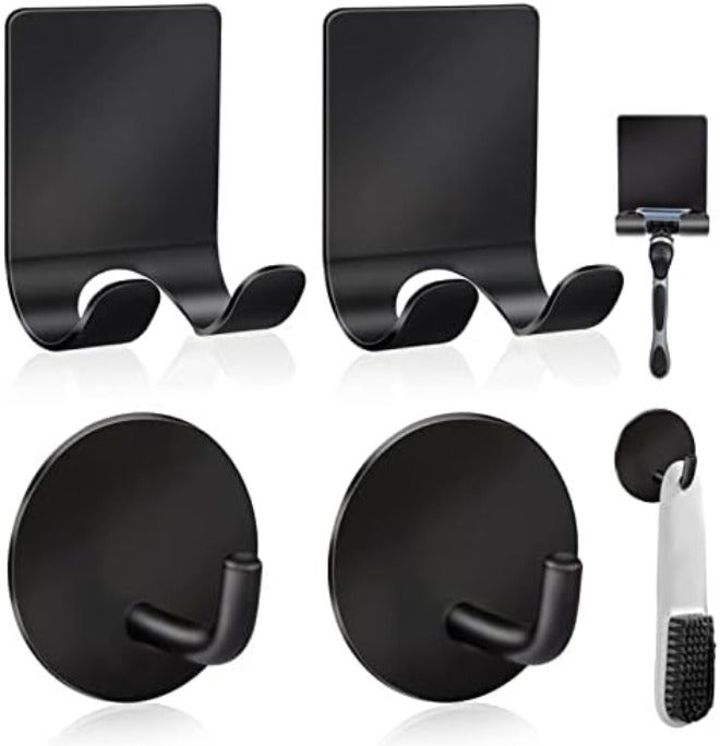 Diesisa Razor Holder 304 Stainless Steel for Shower + Adhesive Sticky Heavy Duty Waterproof Wall Hooks, Premium for Hanging Towels, Coat, hat (2+2 Pack) - Black - Image 1