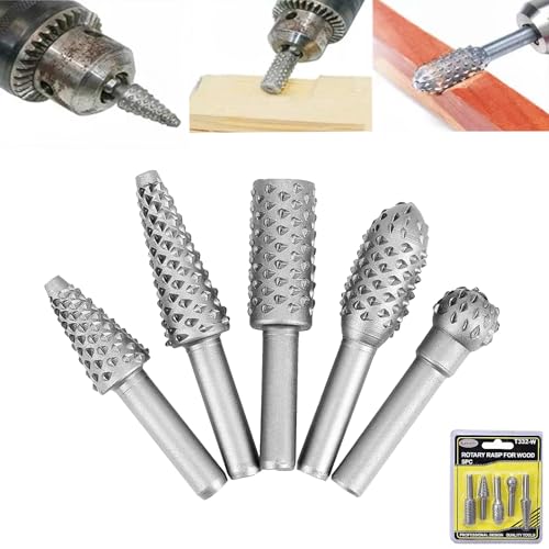 Sunkizzrs® 5-Pcs HSS Wood File Burr Drill Bit Set —Wood Working Rasps 6.35mm (1/4") Round Shank —High Speed Steel Rotary Files Rasps for Carving, Polishing, Shaping & Grooving - Image 1