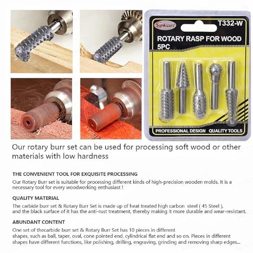 Sunkizzrs® 5-Pcs HSS Wood File Burr Drill Bit Set —Wood Working Rasps 6.35mm (1/4") Round Shank —High Speed Steel Rotary Files Rasps for Carving, Polishing, Shaping & Grooving - Image 5