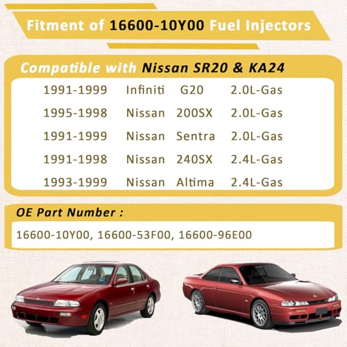 Pjvmvo 1990s MotorKA24 SR20 Fuel InjectorsCompatible withNissan 24 Altima 240SX 19931999Sentra 200SX 20L 19911999Compatible withInfiniti 20 G20 4 Holes Set of 4 - Image 3