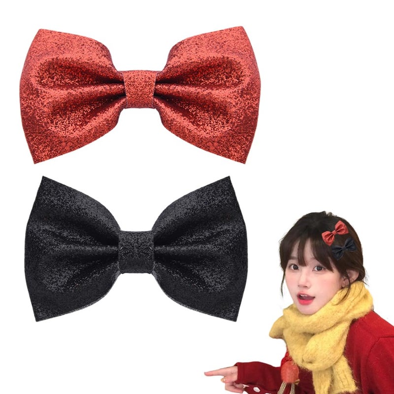 yaozeio Xmas Christmas Bow Hair Clips Sparkly Hair Clip Christmas Hair Accessories for Girls Kids Red Black Hair Barrettes Xmas Glitter Hair Bow Clips Bow Hairpin for Thick Thin Hair 2pcs Hair Clips - Image 1