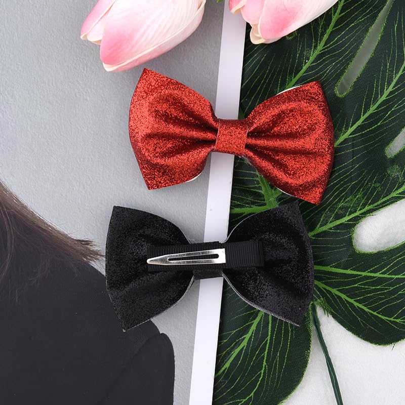 yaozeio Xmas Christmas Bow Hair Clips Sparkly Hair Clip Christmas Hair Accessories for Girls Kids Red Black Hair Barrettes Xmas Glitter Hair Bow Clips Bow Hairpin for Thick Thin Hair 2pcs Hair Clips - Image 4