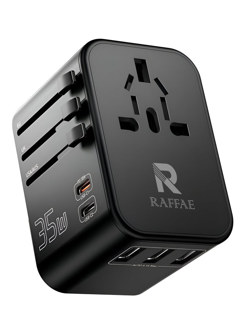 RAFFAE 35W GaN Global Travel Adapter 2- Type C, 3- USB A Port, Universal Adapter With USA/UK/EU Plugs And Sockets - Black - Image 1