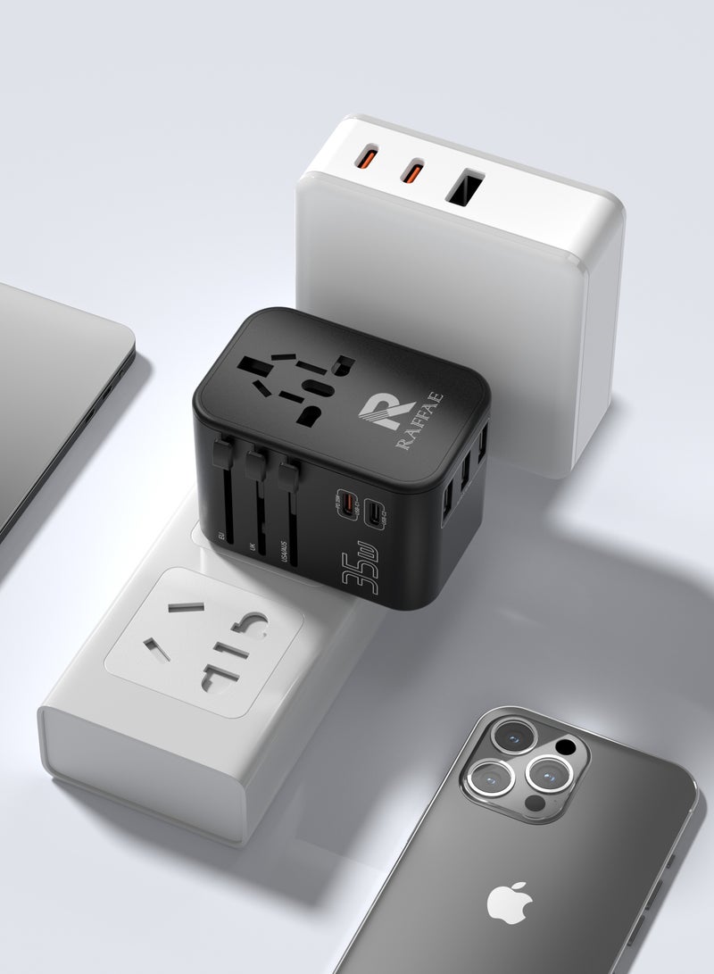 RAFFAE 35W GaN Global Travel Adapter 2- Type C, 3- USB A Port, Universal Adapter With USA/UK/EU Plugs And Sockets - Black - Image 2