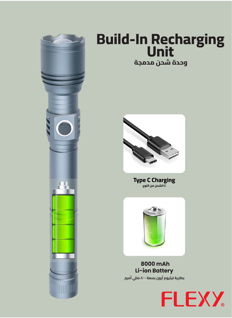 Flexy - Flexy Rechargeable Flashlight 30W Laser LED, 3000 Lumens, 1800m Range, 8000mAh Battery, Zoomable Focus, Durable Aluminum Body, Type-C Charging, 2-Year Warranty. - Image 1