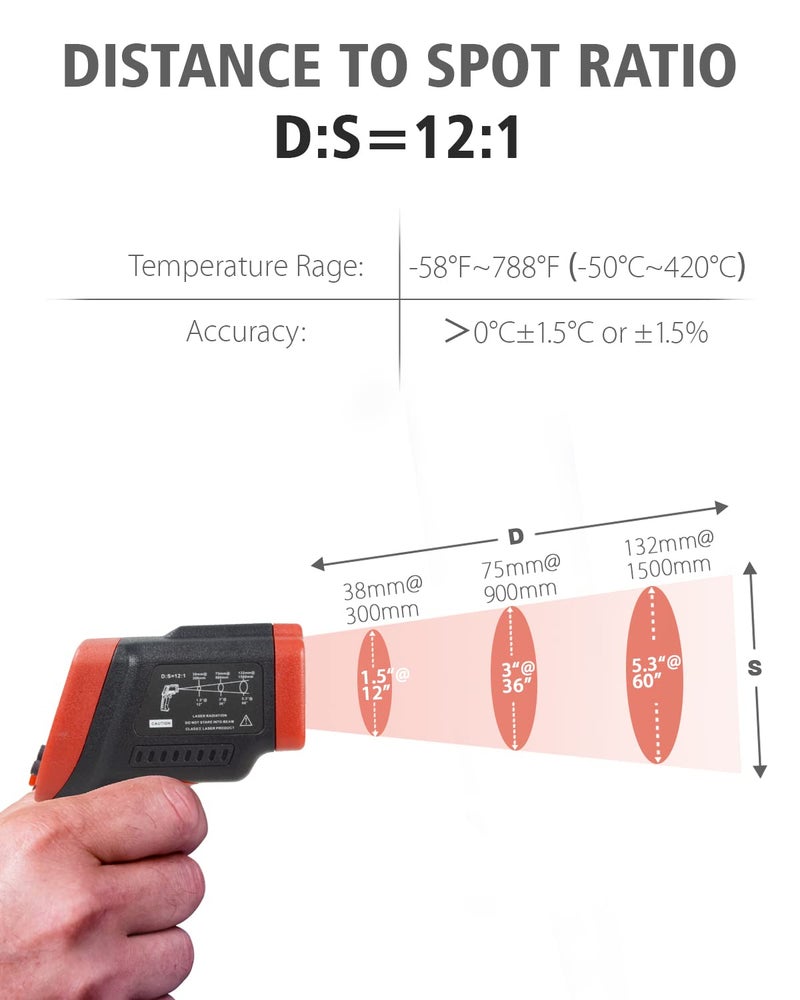 مقياس حرارة بالأشعة تحت الحمراء من Wintact -58°F إلى 788°F (-50°C إلى 420°C) مسدس درجة حرارة سطح رقمي غير تلامسي بالليزر، انبعاثية قابلة للتعديل للمطبخ والثلاجة والفريزر وطهي الطعام واللحوم (ليس للبشر) - Image 4