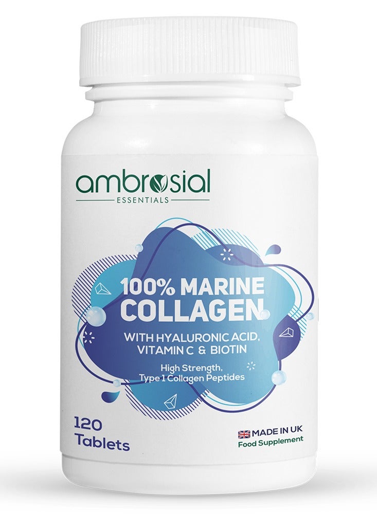 أمبروسيال أمبروسيل 100% كولاجين بحري مع حمض الهيالورونيك وفيتامين سي والبيوتين - كولاجين بحري عالي القوة من النوع الأول - صنع في المملكة المتحدة - غير معدل وراثيًا وخالي من الغلوتين - 120 قرصًا - Image 1