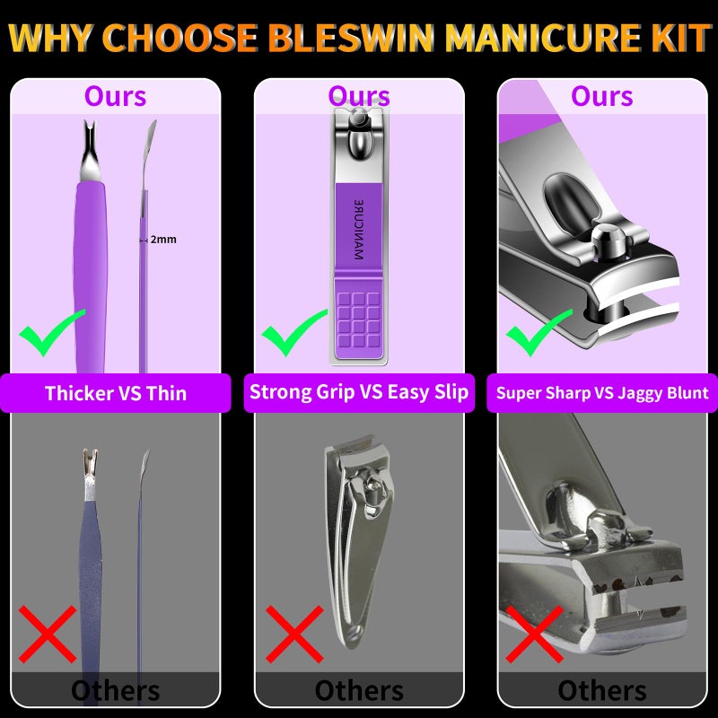 BLESWIN Manicure Set 16Pcs Professional Stainless Steel Pedicure Kit Mens Grooming Kit Fingernail & Toenail Clippers Set Manicure Kit with Luxurious Travel Bag, Sharp Nail Scissors and Clipper (Purple) - Image 5