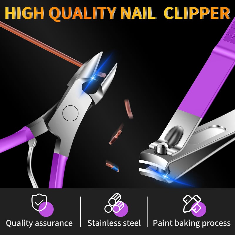 BLESWIN Manicure Set 16Pcs Professional Stainless Steel Pedicure Kit Mens Grooming Kit Fingernail & Toenail Clippers Set Manicure Kit with Luxurious Travel Bag, Sharp Nail Scissors and Clipper (Purple) - Image 3
