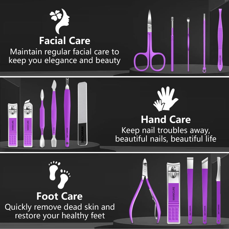 BLESWIN Manicure Set 16Pcs Professional Stainless Steel Pedicure Kit Mens Grooming Kit Fingernail & Toenail Clippers Set Manicure Kit with Luxurious Travel Bag, Sharp Nail Scissors and Clipper (Purple) - Image 2