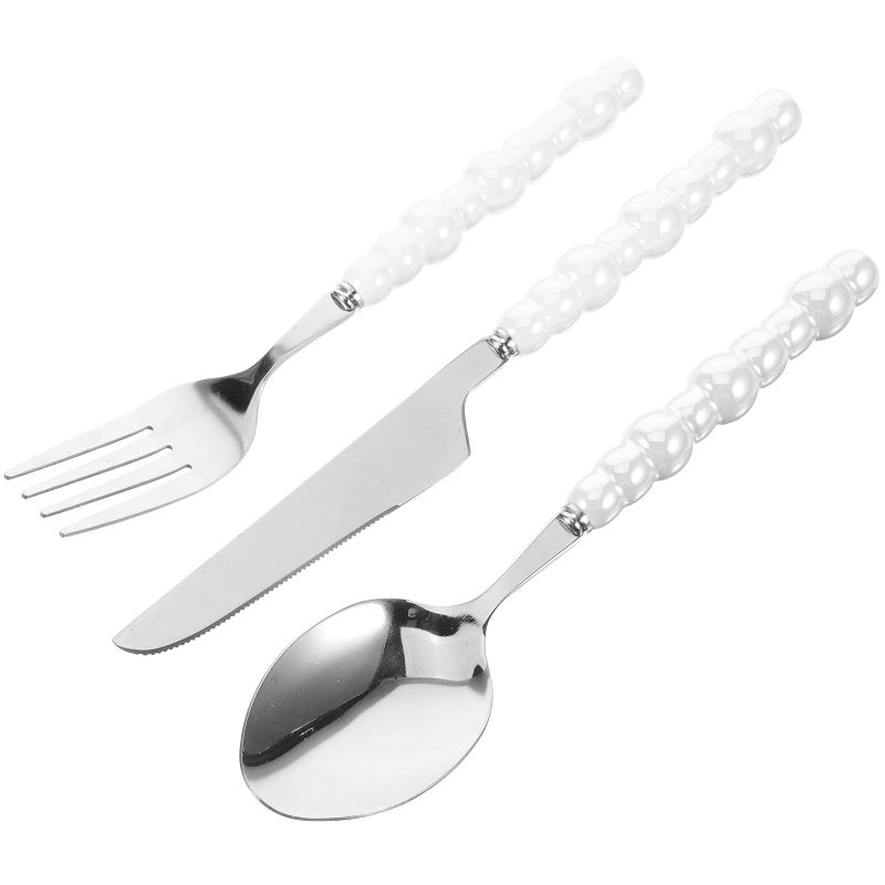 Stainless Steel Fork and Spoon Set with White Pearl Handle 3pcs Dining Silverware - Image 2