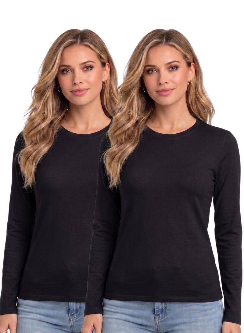 Karma Pack of 2 Cotton Viscose Long Sleeve Round Neck Body Top - Image 1