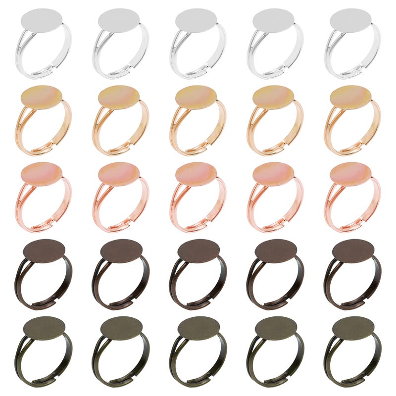SUMERSHA 50pcs Blank Rings Adjustable Flat 12mm Base Rings Blank Jewelry Findings Components for Making DIY Crafts 5 Colors