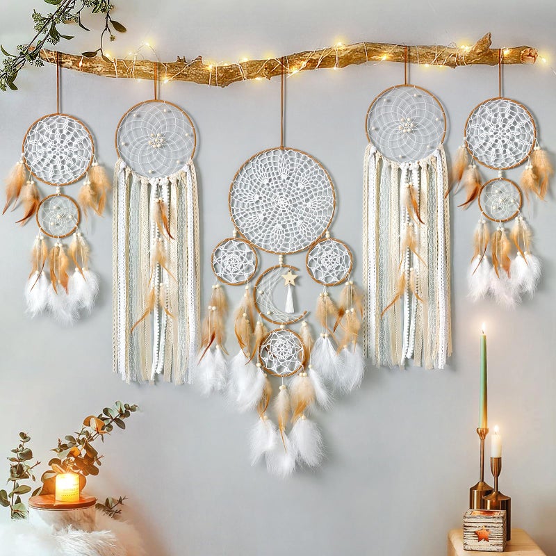LOMOHOO 5 Pack Dream Catcher Moon and Sun Design Boho Wall Hanging Decor Handmade Traditional Feathers Dream Catchers for Kids Bedroom Living Home DecorationBrown