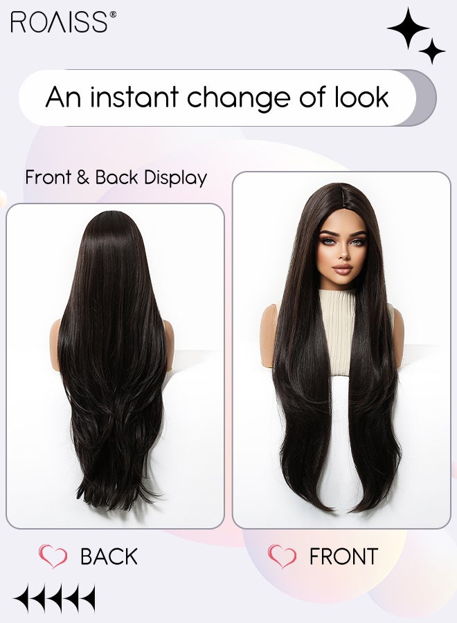 roaiss Long Curly Brown Black Hair Wig, Women's Middle Parting Natural Soft Synthetic Heat Resistant Hair Wig for Wedding Cosplay Party Daily Wear, 81.28cm (32 inches) - Image 2