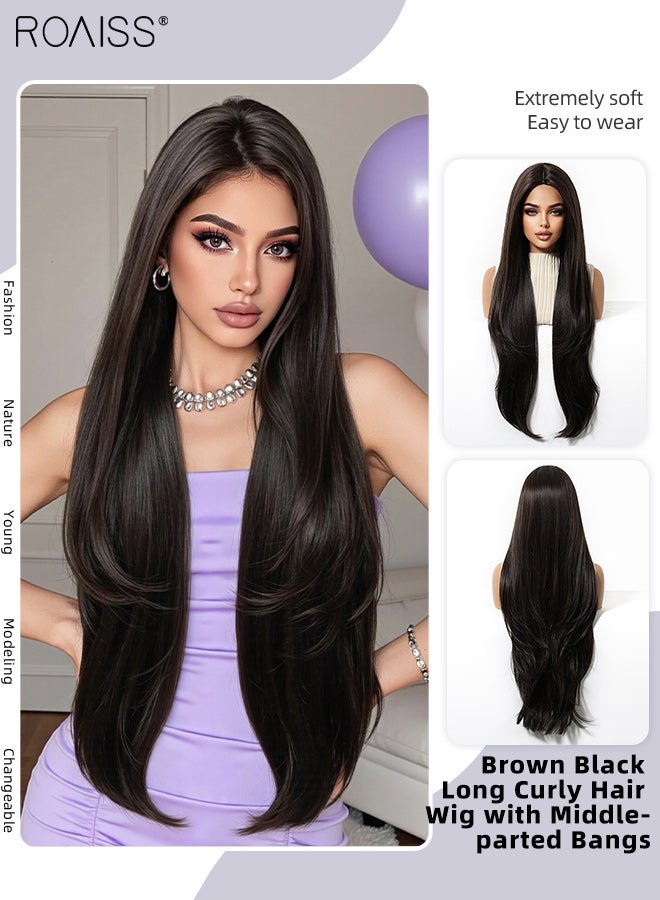 roaiss Long Curly Brown Black Hair Wig, Women's Middle Parting Natural Soft Synthetic Heat Resistant Hair Wig for Wedding Cosplay Party Daily Wear, 81.28cm (32 inches) - Image 1