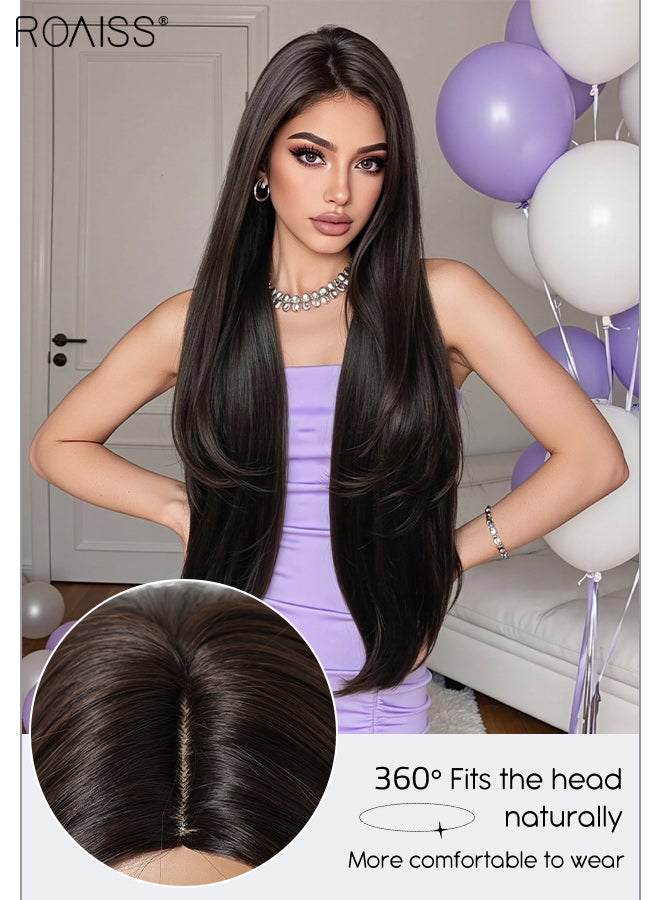 roaiss Long Curly Brown Black Hair Wig, Women's Middle Parting Natural Soft Synthetic Heat Resistant Hair Wig for Wedding Cosplay Party Daily Wear, 81.28cm (32 inches) - Image 4