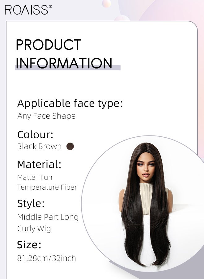 roaiss Long Curly Brown Black Hair Wig, Women's Middle Parting Natural Soft Synthetic Heat Resistant Hair Wig for Wedding Cosplay Party Daily Wear, 81.28cm (32 inches) - Image 3