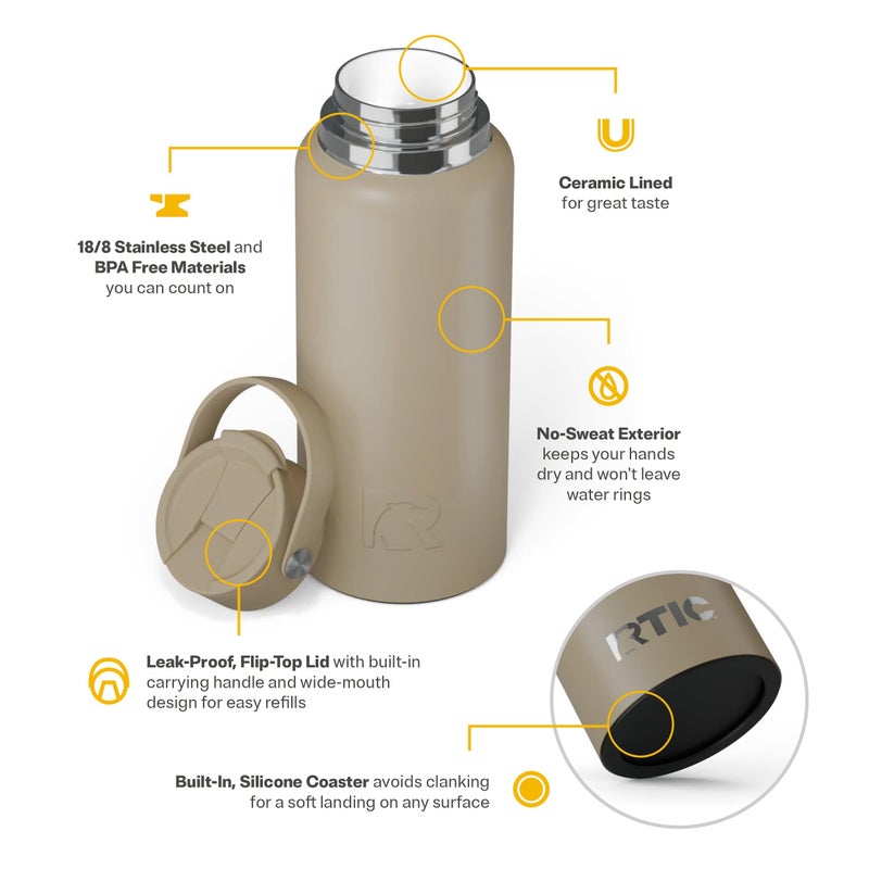 RTIC 32oz Outback Water Bottle, Ceramic Lined, Insulated, Stainless Steel, Double Wall Vacuum-Insulation, Leak-Proof Lid, BPA-Free Water Flask Hiking, Running, Sports, Outdoor, Beach - Image 3