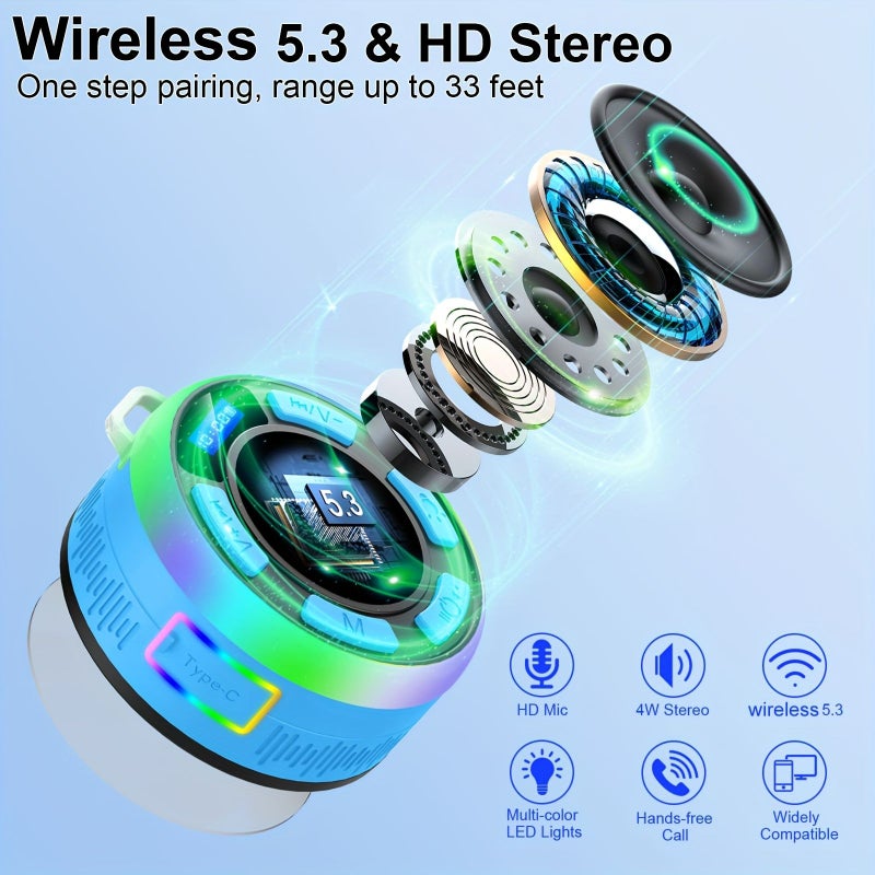 Portable Wireless Speaker S3 Blue IPX7 Waterproof USB Rechargeable 10 Hour Playtime HD Sound Quality RGB Lighting Bathroom Suction Cup For Parties Travel Outdoor - Image 4