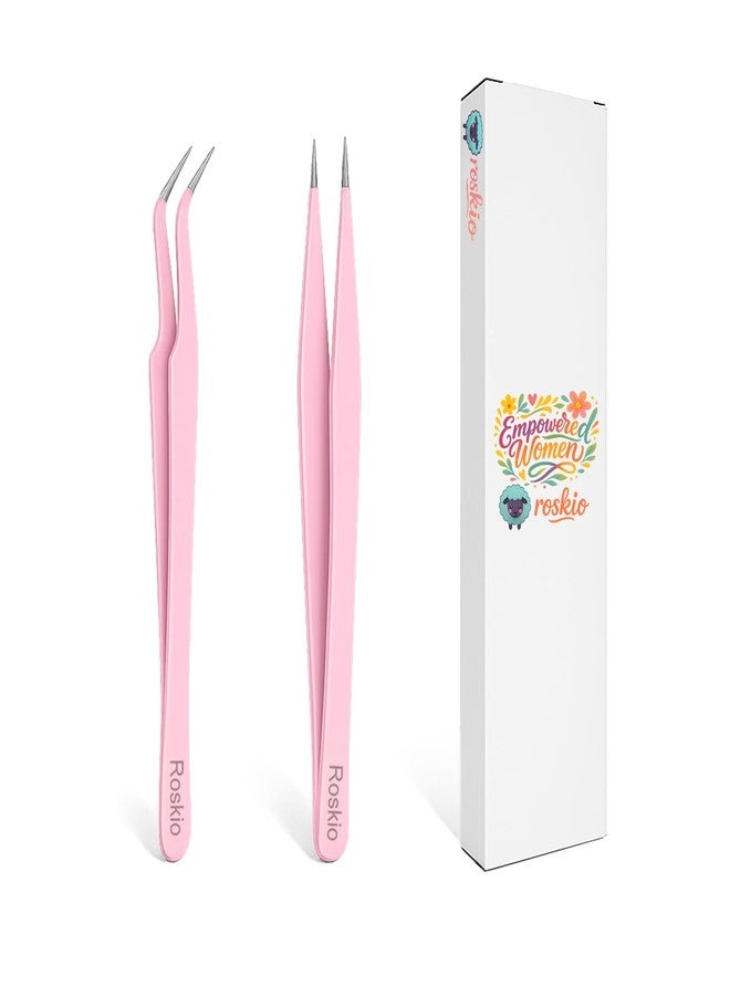 Roskio Nail Tweezer, 2pcs Stainless Steel Straight & Curved Nail Art Tweezers for Stickers, Rhinestone, Eyelash Extension, Nail Stickers, Cuticle, Rhinestone Picker Tool - Image 1