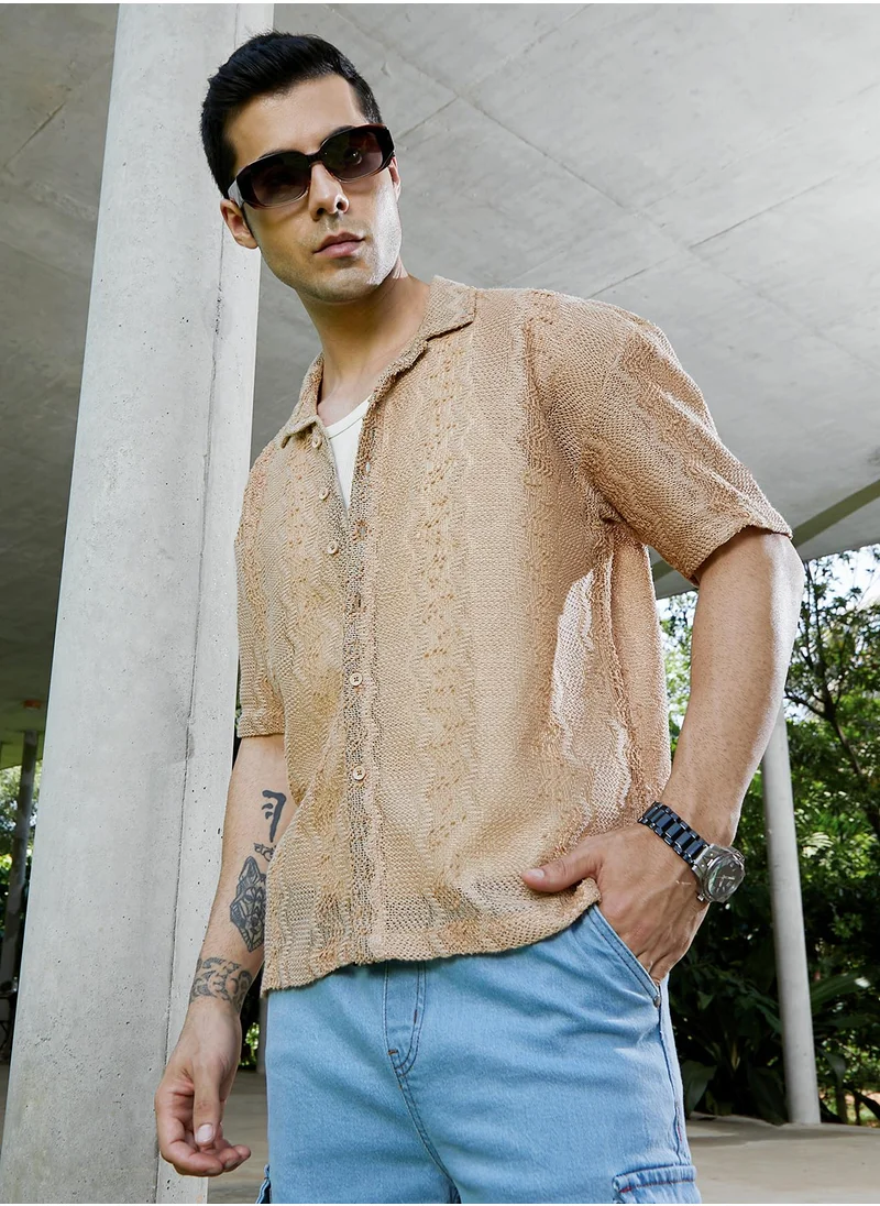 كامبوس سوترا Campus Sutra Men's Sand Beige Swirl Open-Knit Resort Shirt For Casual Wear | Cuban Collar | Short Regular Sleeves | Button Closure | Oversized Shirt Crafted With Comfort Fit For Everyday Wear