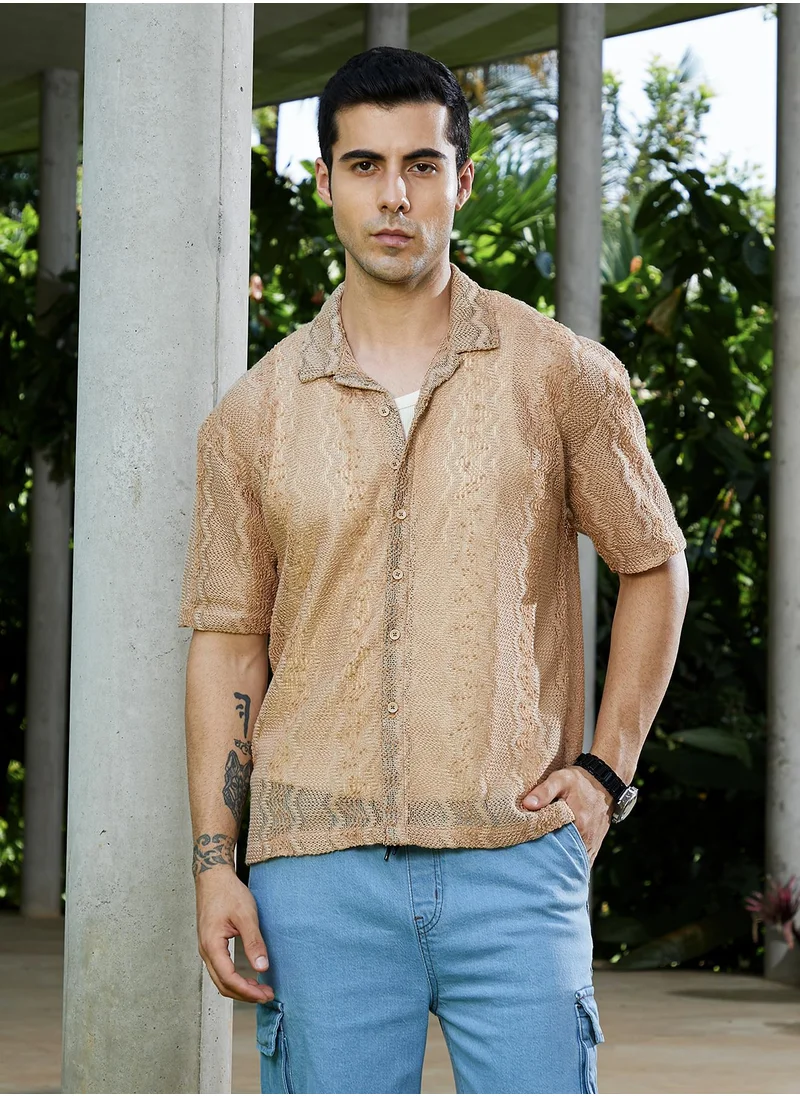 كامبوس سوترا Campus Sutra Men's Sand Beige Swirl Open-Knit Resort Shirt For Casual Wear | Cuban Collar | Short Regular Sleeves | Button Closure | Oversized Shirt Crafted With Comfort Fit For Everyday Wear