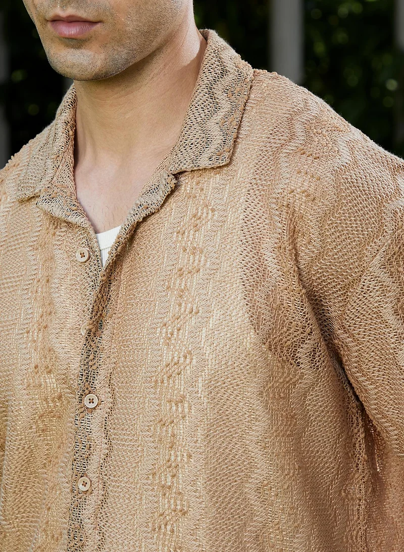 Campus Sutra Campus Sutra Men's Sand Beige Swirl Open-Knit Resort Shirt For Casual Wear | Cuban Collar | Short Regular Sleeves | Button Closure | Oversized Shirt Crafted With Comfort Fit For Everyday Wear