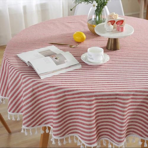 TruDelve Round Tablecloth 60 Inch Red and White Striped Cloth Tablecloths Circle Outdoor Picnic Table Cloth Round Cover Red60Round
