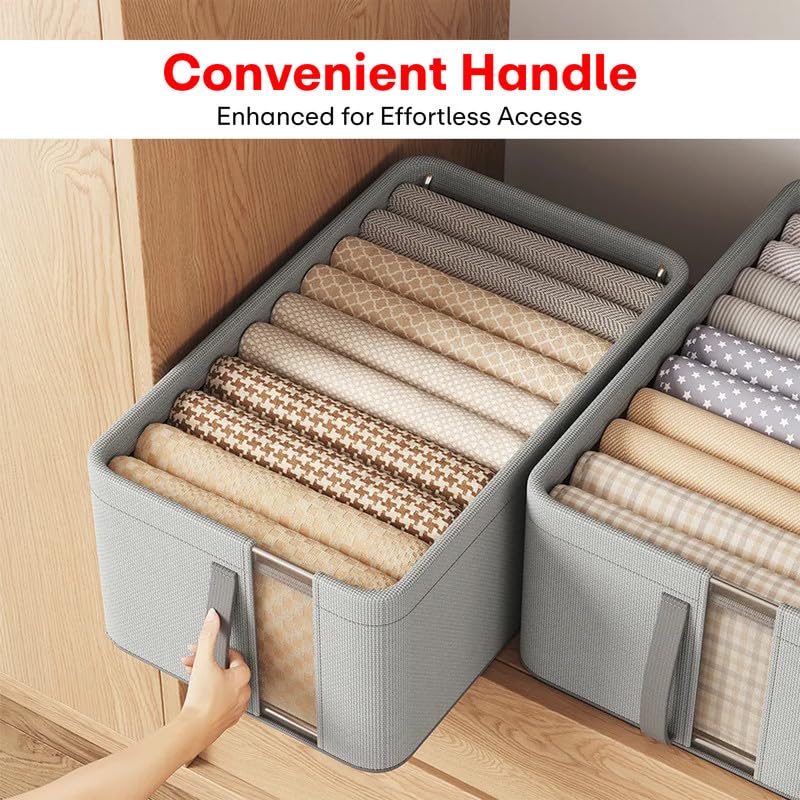 PRIME PICK صندوق تخزين قابل للطي متوسط الحجم من قماش أكسفورد مع إطار معدني قابل للتنفس وقابل للغسل باللون الرمادي مثالي للجينز والقمصان الداخلية والجوارب عبوة من 3 - Image 2