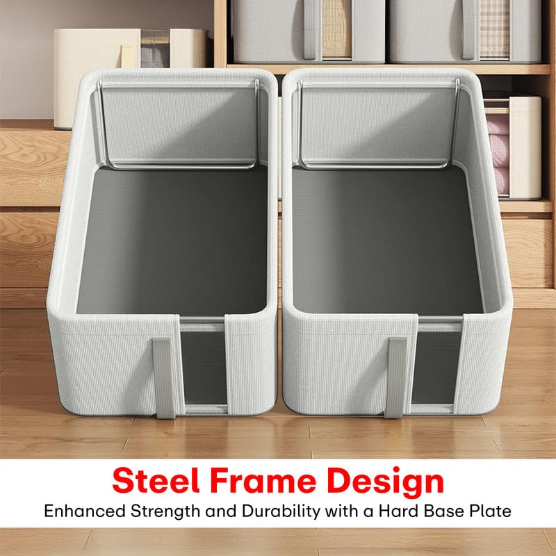 PRIME PICK صندوق تخزين قابل للطي متوسط الحجم من قماش أكسفورد مع إطار معدني قابل للتنفس وقابل للغسل باللون الرمادي مثالي للجينز والقمصان الداخلية والجوارب عبوة من 3 - Image 4