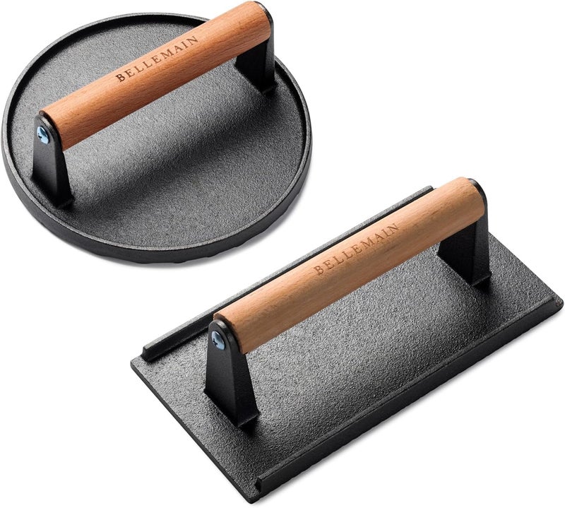 Bellemain Heavy-Duty Cast Iron Grill Press Set – Perfect Smash Burger Press & Steak Tool with Ergonomic Wood Handle for Pro-Level Searing on Griddle, Skillet, or BBQ - Image 2