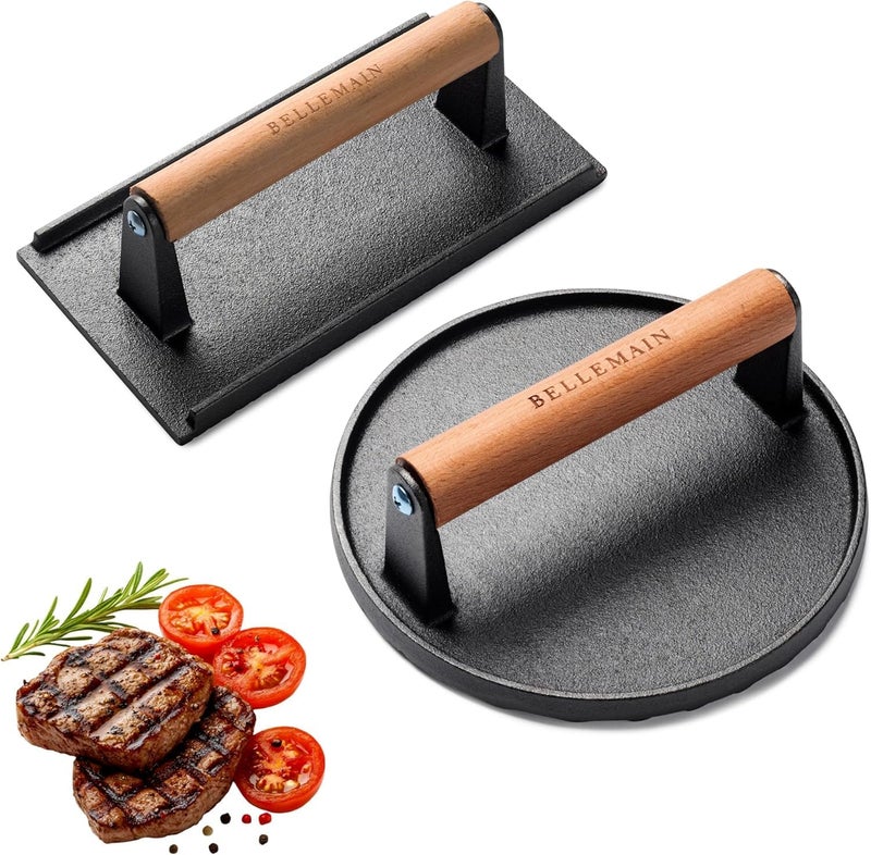 Bellemain Heavy-Duty Cast Iron Grill Press Set – Perfect Smash Burger Press & Steak Tool with Ergonomic Wood Handle for Pro-Level Searing on Griddle, Skillet, or BBQ - Image 1