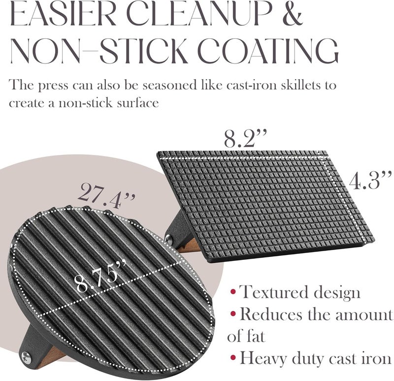 Bellemain Heavy-Duty Cast Iron Grill Press Set – Perfect Smash Burger Press & Steak Tool with Ergonomic Wood Handle for Pro-Level Searing on Griddle, Skillet, or BBQ - Image 5