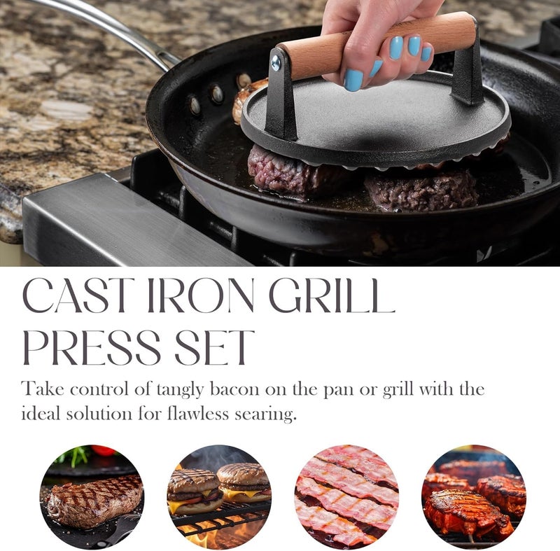 Bellemain Heavy-Duty Cast Iron Grill Press Set – Perfect Smash Burger Press & Steak Tool with Ergonomic Wood Handle for Pro-Level Searing on Griddle, Skillet, or BBQ - Image 3
