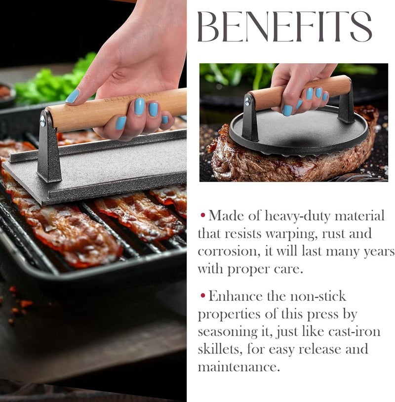 Bellemain Heavy-Duty Cast Iron Grill Press Set – Perfect Smash Burger Press & Steak Tool with Ergonomic Wood Handle for Pro-Level Searing on Griddle, Skillet, or BBQ - Image 4