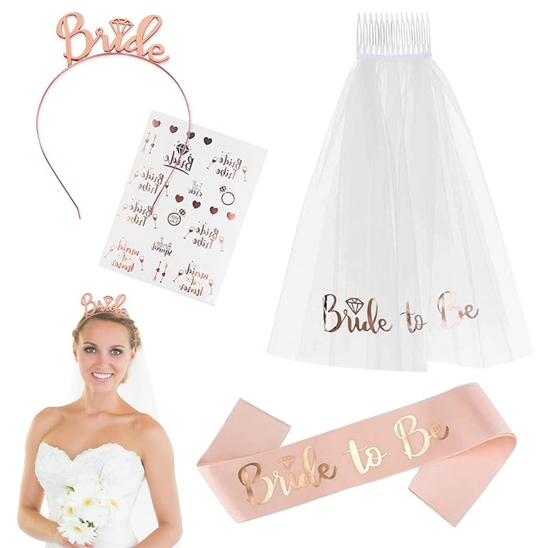 ZIBUYU® pcs Bride to Be Decoration Set, Rose Gold Bachelorette Party Decorations Hen Party Bride to Be Decoration Set Combo Bridal Shower Decorations Kit Accessories -Sash, Veil, Headband, Stickers. - Image 1