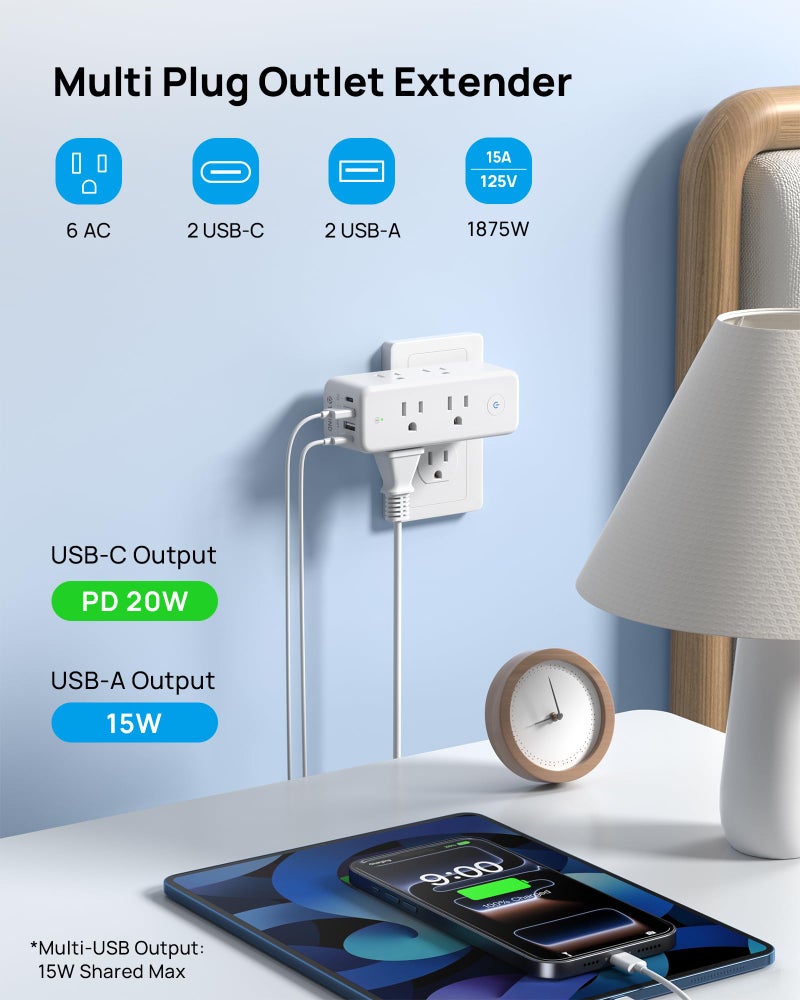 TROND Outlet Extender with 360Â° Rotating Plug, 6 AC Outlet Splitter with On/Off Switch, Multi Plug Adapter with PD 20W USB C, 2 USB-A & 2 USB-C, 3 Way Wall Extension Outlet for Home Office Travel - Image 2