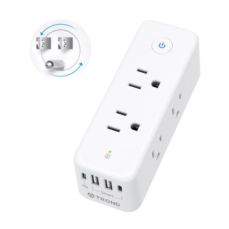 TROND Outlet Extender with 360Â° Rotating Plug, 6 AC Outlet Splitter with On/Off Switch, Multi Plug Adapter with PD 20W USB C, 2 USB-A & 2 USB-C, 3 Way Wall Extension Outlet for Home Office Travel - Image 1