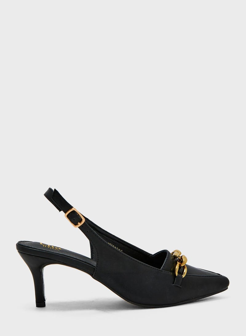 Chunky Chain-Embellished Slingback Pumps