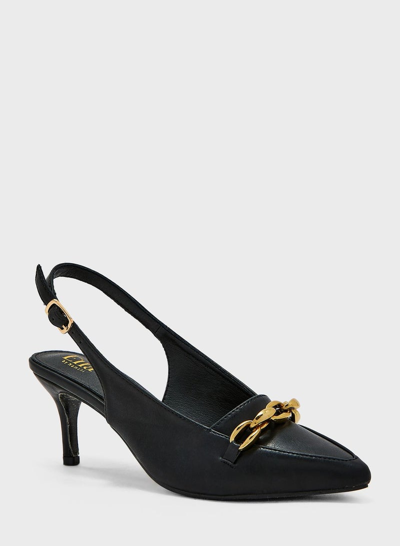 Chunky Chain-Embellished Slingback Pumps