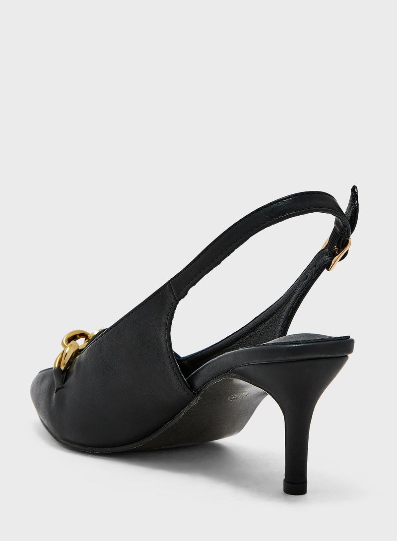 Chunky Chain-Embellished Slingback Pumps