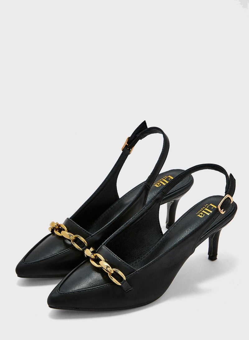 Chunky Chain-Embellished Slingback Pumps
