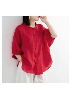 Generic Loose Cotton Linen Womens Shirt Spring Summer New Style Lantern Sleeve Midi Sleeve Vintage Artistic Top plus Size Female Blouse Yellow  - Image 2